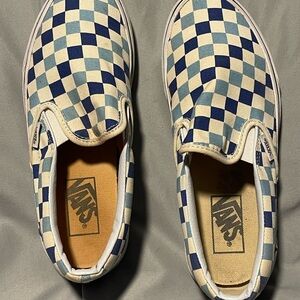 Vans Classic Blue and Cream Checkered Slip-Ons. Unisex